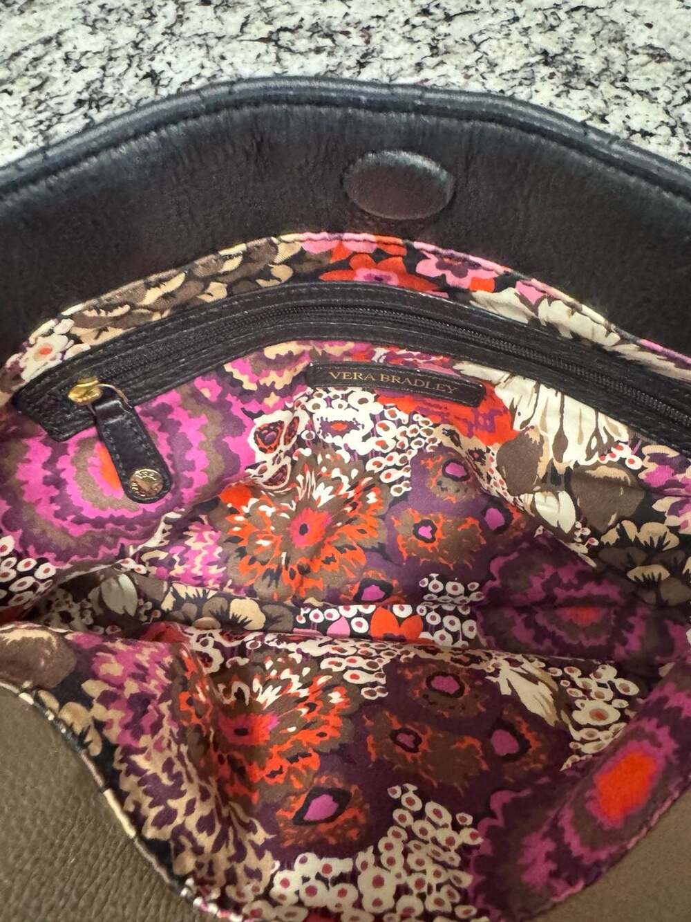 Vera Bradley Quilted Leather Satchel Tote Black Taupe Floral Lining - Picture 10 of 10